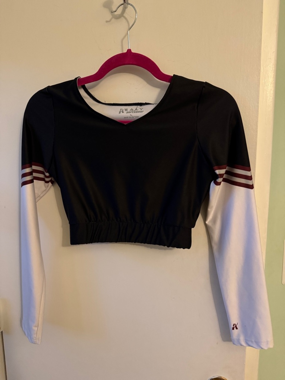 Athletic Crop Long Sleeve Tee - Black with White Sleeves and Maroon Stripes